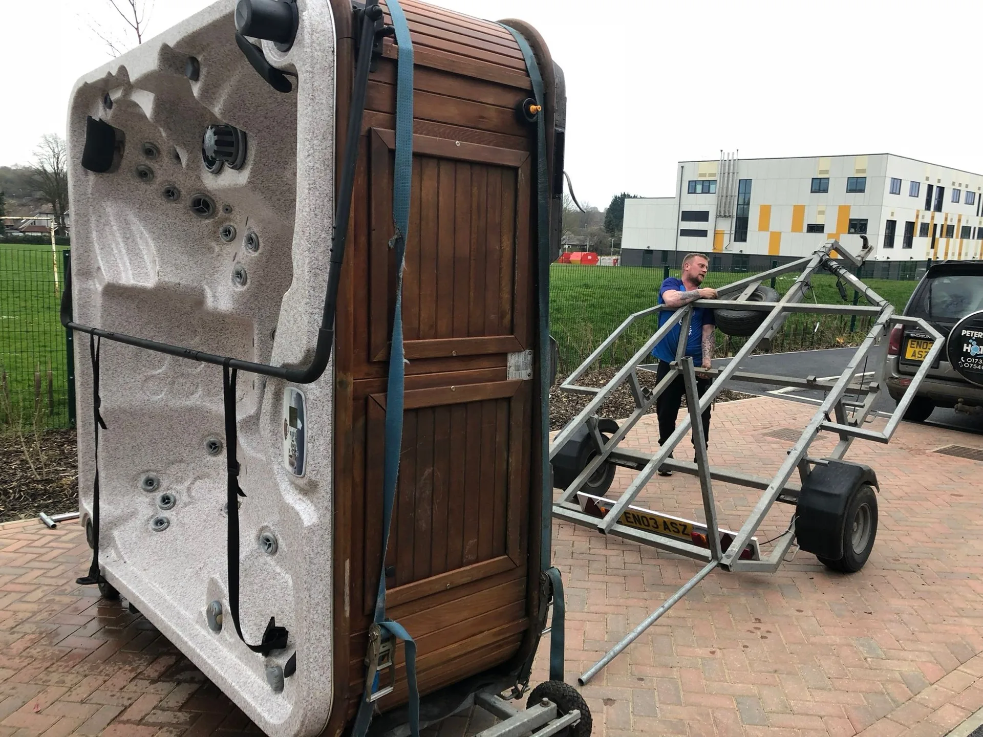 Hot tub being moved with Spa Sled system